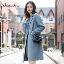 Doublelove女装2018秋冬新款韩版直筒一粒扣中长款毛呢大衣外套女图片
