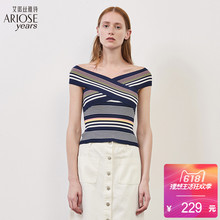 露肩上衣70518051 短袖 2018夏新品 艾诺丝雅诗一字肩交叉领女针织衫