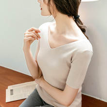 冰丝针织t恤女2019短袖V领打底衫春夏韩版修身内搭薄毛衣百搭上衣