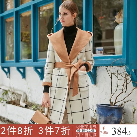秋水伊人冬装新品女装大格子连帽中长款毛呢外套K062商品大图