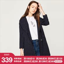 秋水伊人2018秋装新品女装条纹双排扣中长风衣外套J455图片