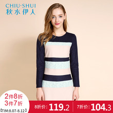 秋水伊人冬装新款女装蕾丝修身圆领长袖毛呢连衣裙F1095图片