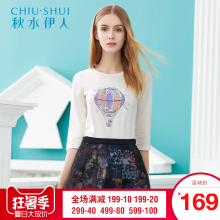 秋水伊人春新款女装甜美印花水钻七分袖T恤上衣F2006图片