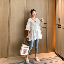 纯棉上衣两件套外穿潮妈牛仔托腹九分裤 套装 孕妇时尚 YYZJ孕妇夏装