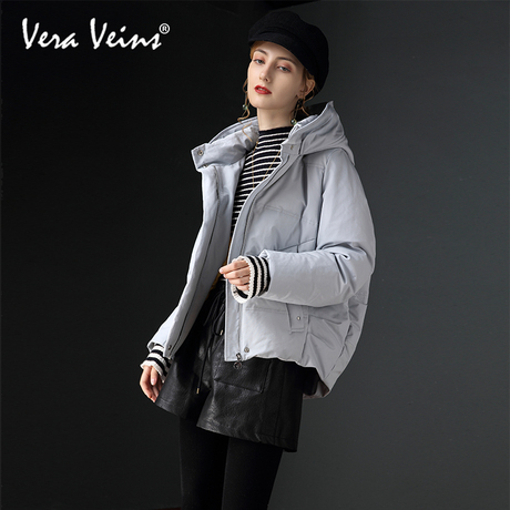 Vera Veins2018秋冬新款女装连帽宽松茧型外套短款加厚鸭绒羽绒服商品大图