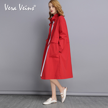 Vera Veins2018秋季新款女装红色百搭荷叶领中长款过膝风衣外套图片