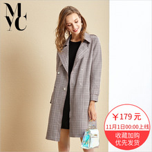 chic格子风衣外套2018冬女装新款时尚百搭西装领气质淑女中长大衣图片