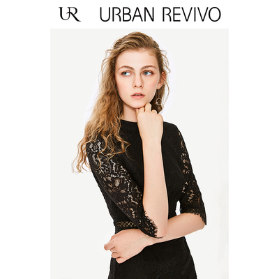 UR2018秋冬新品女装时尚文雅蕾丝撞色镂空A型连衣裙WE36R7AN2002