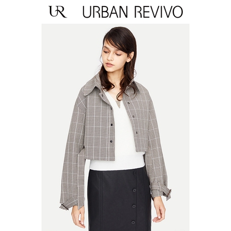 UR2018冬季新品女装简约时尚格纹扣带翻领修腰女外套WE36R1BN2001商品大图