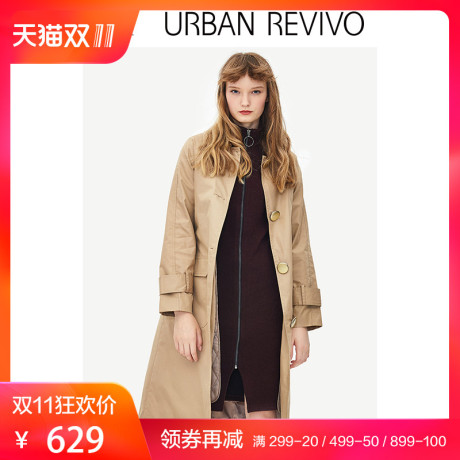 UR2018秋冬新品女装简约扣带修腰翻领中长外套WE41S1LN2000商品大图
