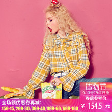 妖精的口袋旗舰店秋季宽松大码木耳边喇叭袖复古格纹衬衫女长袖图片