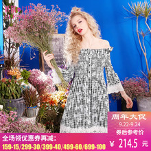 妖精的口袋旗舰店2017夏装新款一字肩蕾丝拼接喇叭袖短裙连衣裙图片