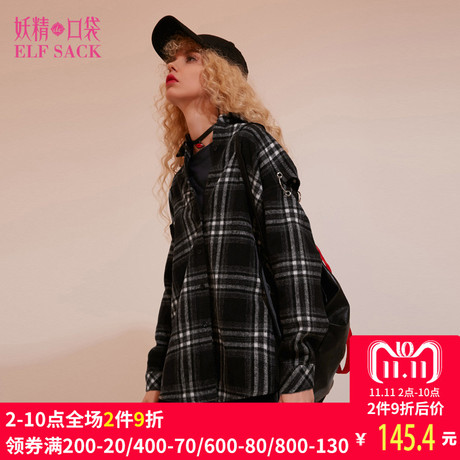 妖精的口袋旗舰店冬装2018新款金属圆环格纹方领中长款衬衫女长袖商品大图
