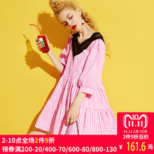 妖精的口袋旗舰店夏季韩版V领拼接镂空花边格子连衣裙女大码裙子图片