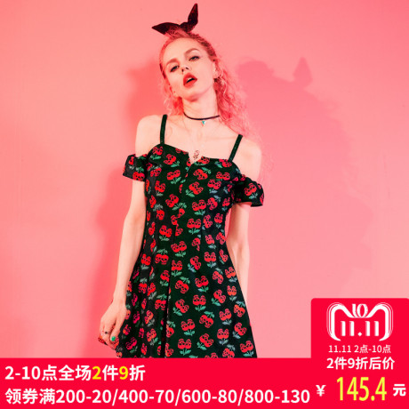 妖精的口袋旗舰店夏季新款韩版复古趣味印花松紧吊带连衣裙女裙子商品大图