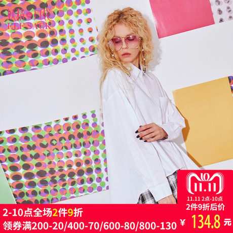 妖精的口袋旗舰店2018新款秋装运动休闲不对称长袖棉衬衫中长款女商品大图