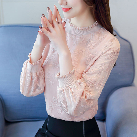 雪纺衫秋装女装2018新款秋季长袖上衣服韩版百搭蕾丝打底衫衬衫潮商品大图