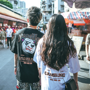 ins情侣短袖T恤卡通2019新款套装潮流宽松韩版不一样的情侣装夏装