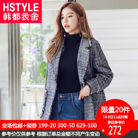 韩都衣舍2018韩版女装秋装新款格子翻领宽松休闲外套西装GY9633筱商品大图