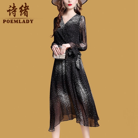 诗绪2019新款女装时尚桑蚕丝连衣裙不规则印花春装真丝裙子2951商品大图