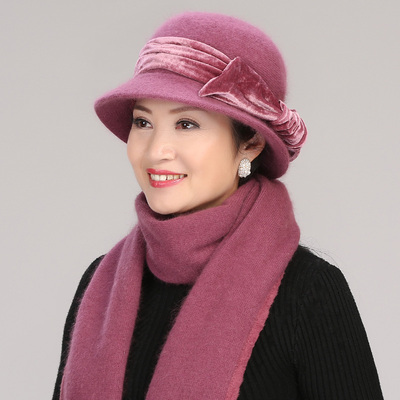 中老年人毛线帽女冬季兔毛妈妈帽保暖老太太奶奶老人帽子围巾套装