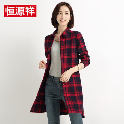 恒源祥2018春季新款中长款纯棉格子衬衫女长袖衬衣宽松女装外套商品大图