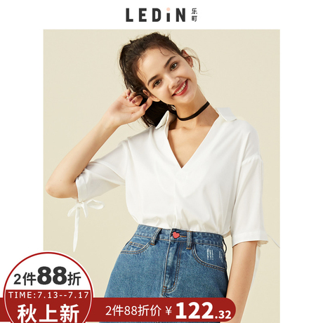 乐町白衬衫女夏短袖职业2018夏季新款女V领小清新宽松薄复古上衣商品大图