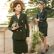 AD时尚正装绿色双排扣西装套装小香风职业装女装名媛复古西服春秋图片