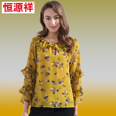 恒源祥2018新款宽松蕾丝衫荷叶袖百搭女装花色妈妈装圆领雪纺衫女商品大图