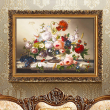 欧式喷绘油画客厅装饰画古典花卉餐厅玄关挂画壁画有框横版墙画