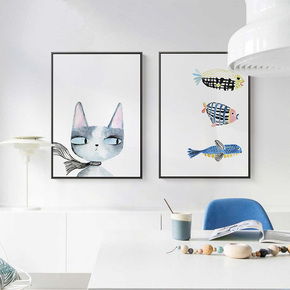 北欧风格客厅装饰画现代简约儿童墙画小清新卧室壁画餐厅挂画猫鱼