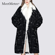 MeetMetro毛呢外套女装冬季2018新款大毛领皮毛一体气质长款大衣图片