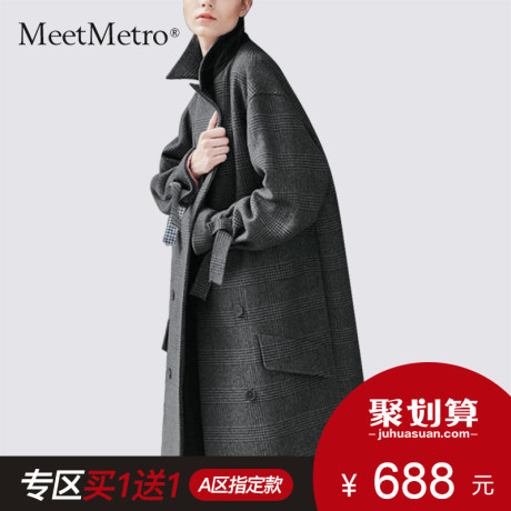 MeetMetro大衣女装中长款2018冬季新款宽松羊毛格子加厚毛呢外套商品大图