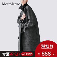 MeetMetro大衣女装中长款2018冬季新款宽松羊毛格子加厚毛呢外套图片