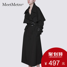 MeetMetro风衣女装中长款秋冬2018新款过膝收腰修身黑色外套大衣图片