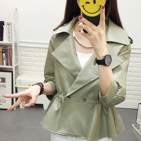 皮衣女PU皮外套女春秋新款女装韩版收腰休闲百搭气质翻领短外套商品大图