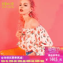 妖精的口袋夏装新款雪纺印花一字领露肩长袖衬衫女图片