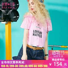 妖精的口袋夏装新款樱花布丁圆领宽松印花纯棉露肩衬衫女短袖图片