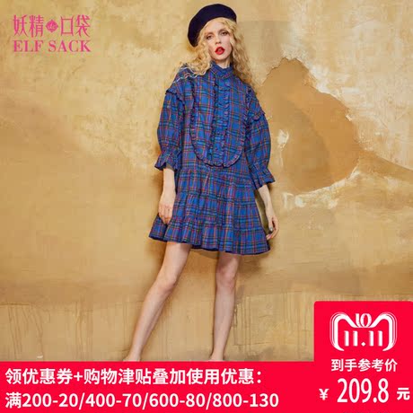 妖精的口袋秋装新款宽松木耳边纯棉格子七分袖a字连衣裙女737025商品大图