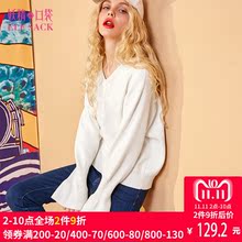 妖精的口袋旗舰店秋装新款宽松休闲罗纹V领喇叭袖白毛衣女749066图片