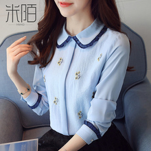 2018新款女装春秋装时尚气质洋气小衫娃娃领百搭上衣韩版雪纺衬衫图片