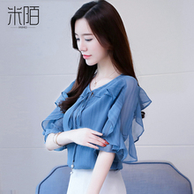 雪纺衫女装夏装2018新款潮韩版短袖超仙气质上衣服春秋季洋气小衫图片