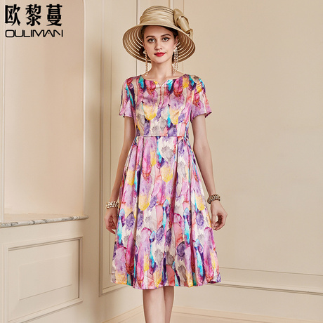 欧黎蔓2019夏季新款油画印花真丝连衣裙女圆领收腰桑蚕丝a字裙潮商品大图