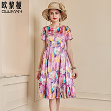欧黎蔓2019夏季新款油画印花真丝连衣裙女圆领收腰桑蚕丝a字裙潮图片