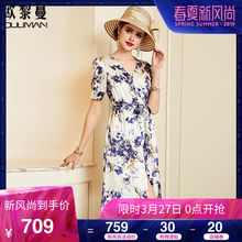 欧黎蔓2018新款紧身开叉真丝连衣裙女夏V领印花气质性感优雅裙子图片