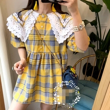 韩国chic复古风减龄甜美小方格娃娃领高腰短款 连衣裙 鬼马系少女