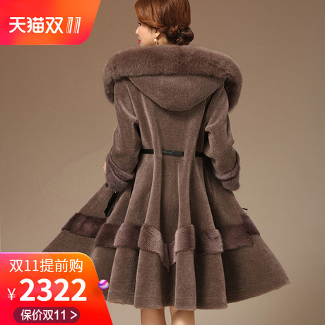 羊剪绒大衣女装新款2018冬裙摆海宁水貂毛狐狸毛领羊羔毛皮草外套商品大图