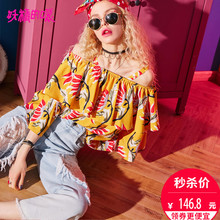 妖精的口袋旗舰店夏装2018款原宿一字肩系带荷叶边显瘦雪纺衬衫女图片