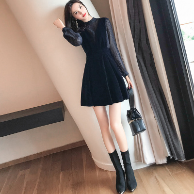 秋装女2018新款小香风金丝绒长袖连衣裙春秋季ins超火的背带裙子