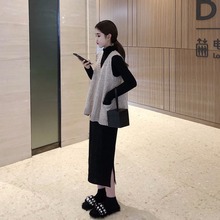 chi韩风秋冬宽松中长款高腰长袖开叉连衣裙+无袖V领针织马甲背心
